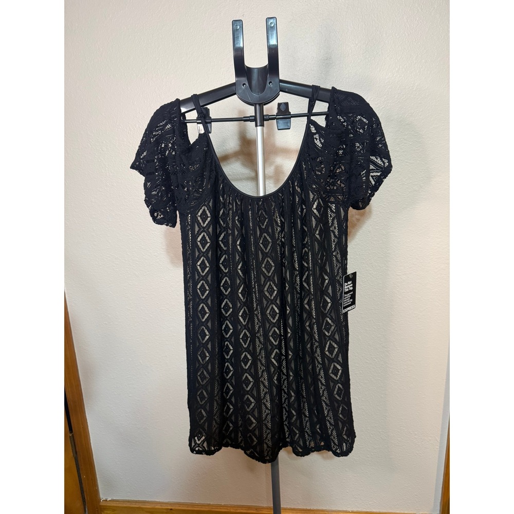 Express Black Lace Cold Shoulder Mini Dress Geometric Flutter Sleeve NWT Size M